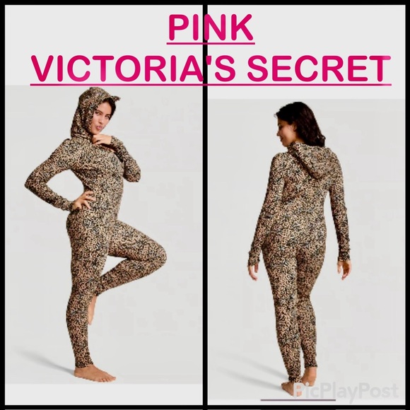 PINK Victoria's Secret Other - PINK Victoria's Secret Sexy Leopard Print Hooded Ears Onesie Tan Black NWT XS S